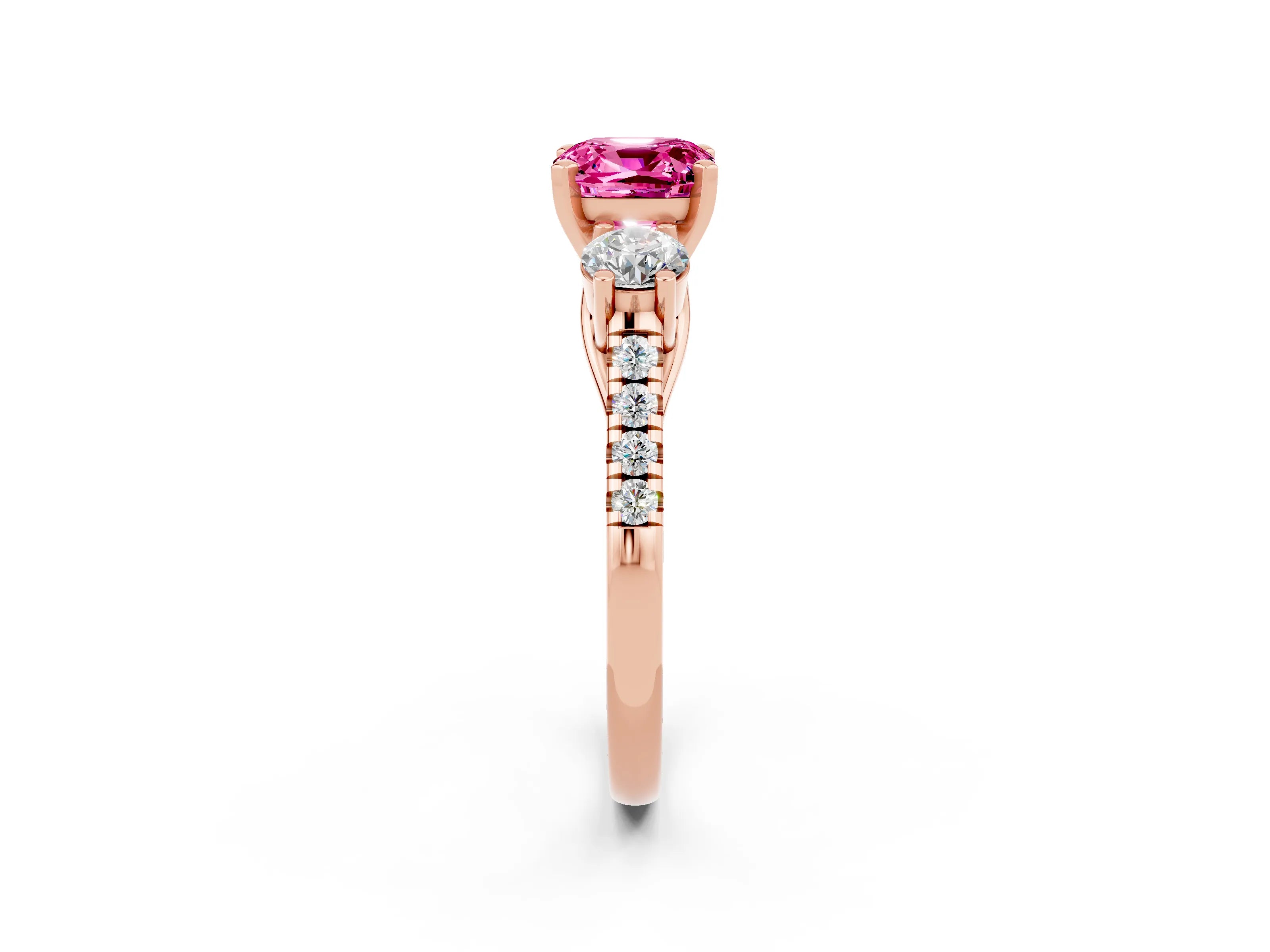 Rose gold Three-Stone Cushion Cut Pink Sapphire Pavé Band with Four-Prong Setting_26
