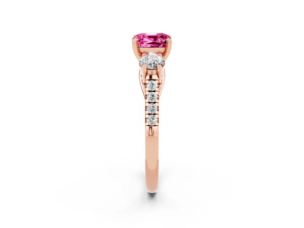 Rose gold Three-Stone Cushion Cut Pink Sapphire Pavé Band with Four-Prong Setting