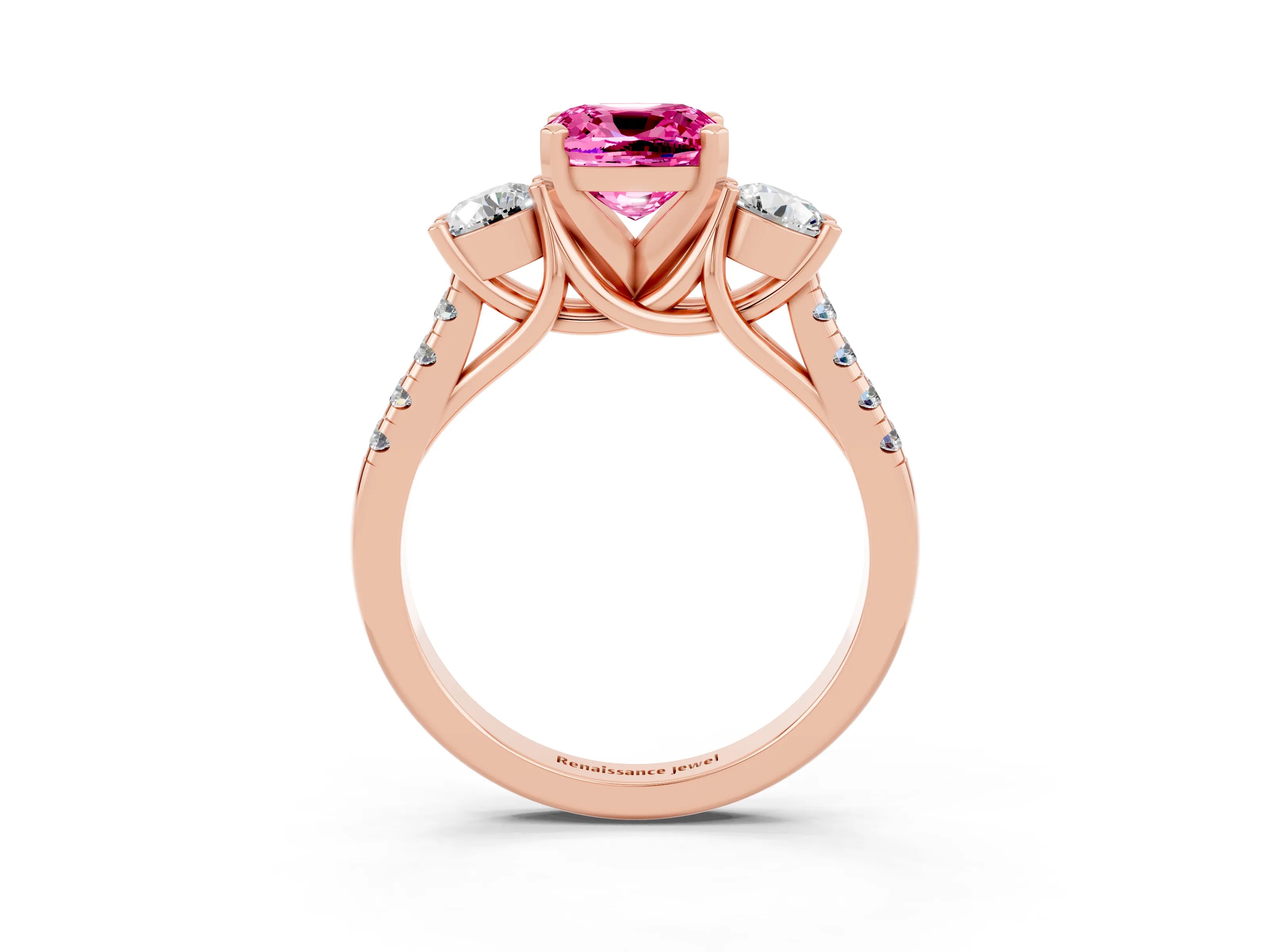 Rose gold Three-Stone Cushion Cut Pink Sapphire Pavé Band with Four-Prong Setting_27
