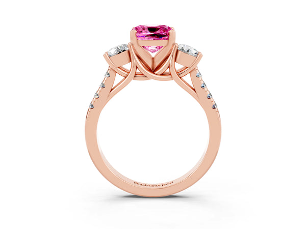 Rose gold Three-Stone Cushion Cut Pink Sapphire Pavé Band with Four-Prong Setting