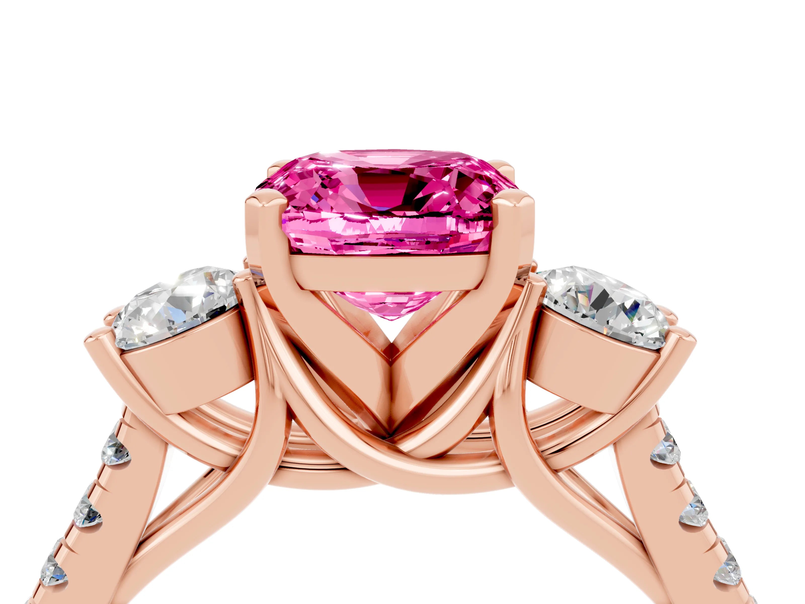 Rose gold Three-Stone Cushion Cut Pink Sapphire Pavé Band with Four-Prong Setting_28