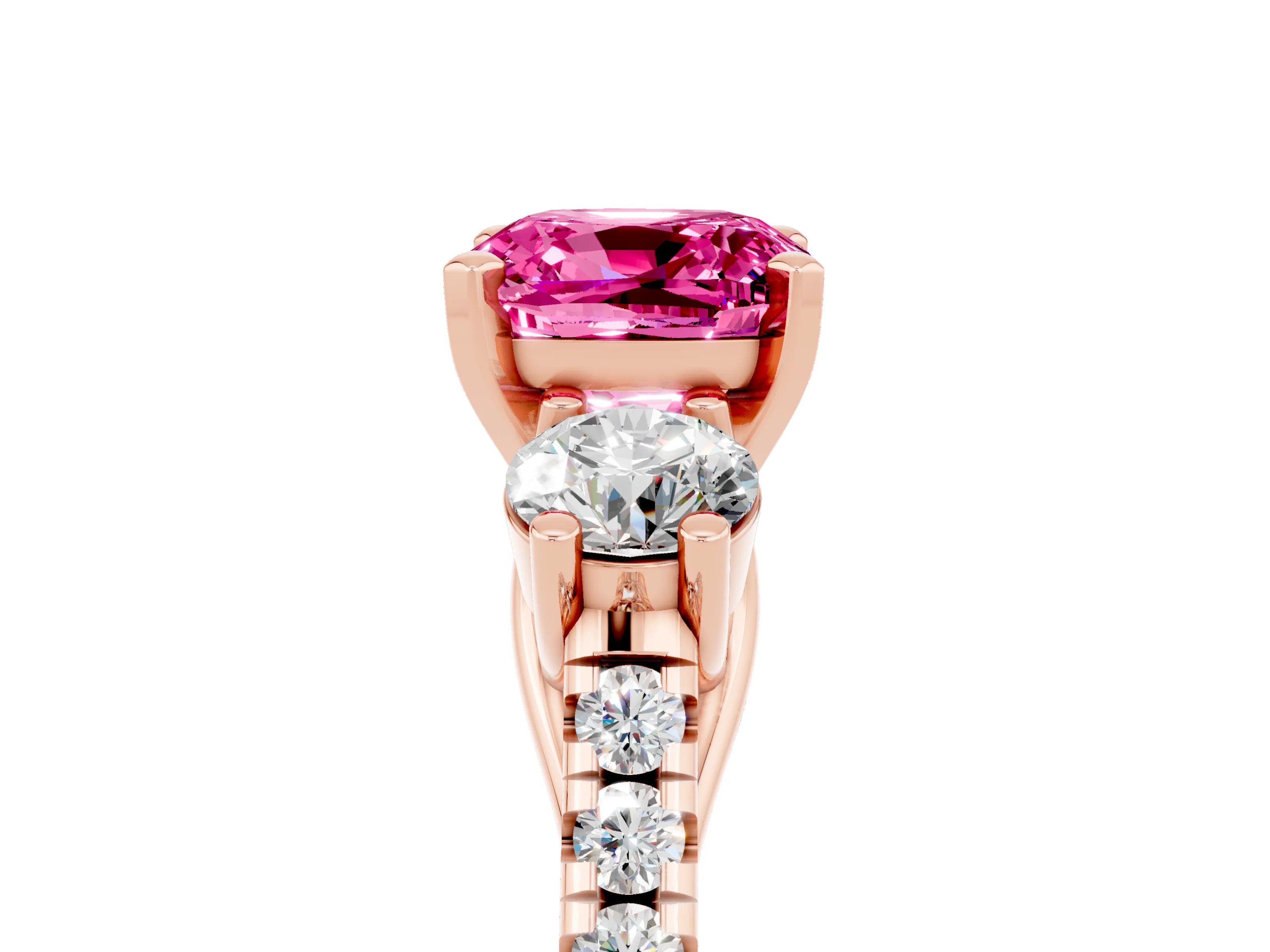 Rose gold Three-Stone Cushion Cut Pink Sapphire Pavé Band with Four-Prong Setting_29