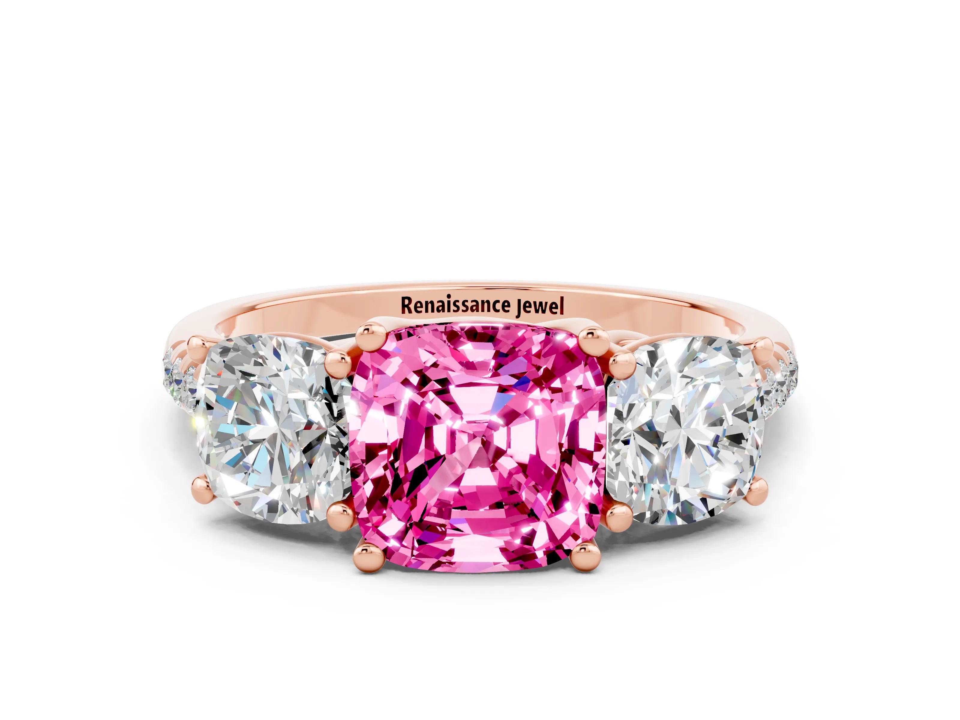 Rose gold Three-Stone Cushion Cut Pink Sapphire Ring with Pavé Band and Prong Setting_36