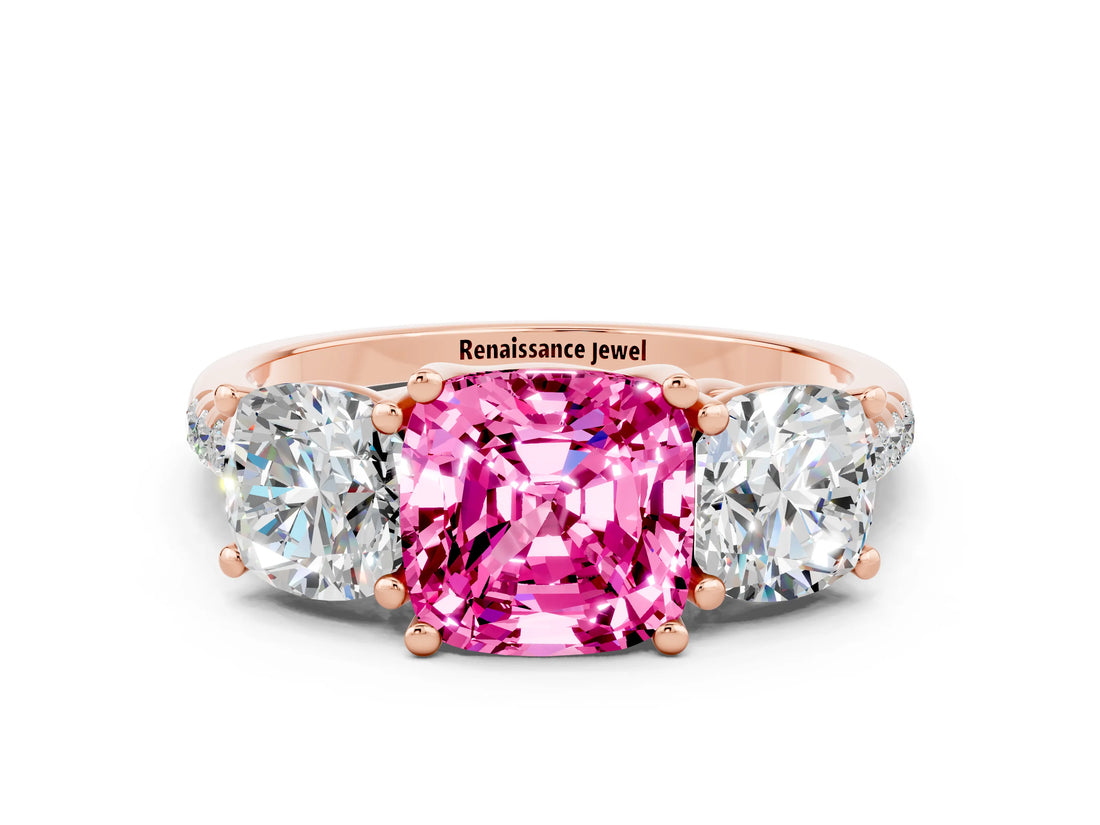Rose gold Three-Stone Cushion Cut Pink Sapphire Ring with Pavé Band and Prong Setting_36