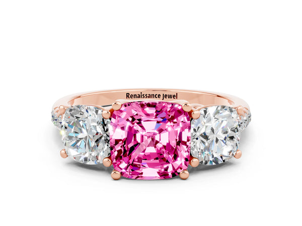 Rose gold Three-Stone Cushion Cut Pink Sapphire Ring with Round  Pavé Band and Prong Setting