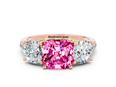 Rose gold Three-Stone Cushion Cut Pink Sapphire Ring with Pavé Band and Prong Setting_36