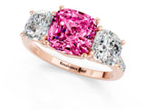 Rose gold Three-Stone Cushion Cut Pink Sapphire Ring with Pavé Band and Prong Setting_37