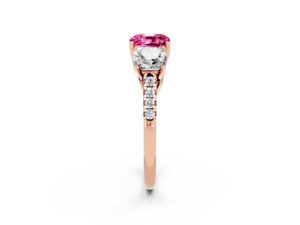 Rose gold Three-Stone Cushion Cut Pink Sapphire Ring with Round  Pavé Band and Prong Setting
