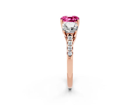 Rose gold Three-Stone Cushion Cut Pink Sapphire Ring with Pavé Band and Prong Setting_38