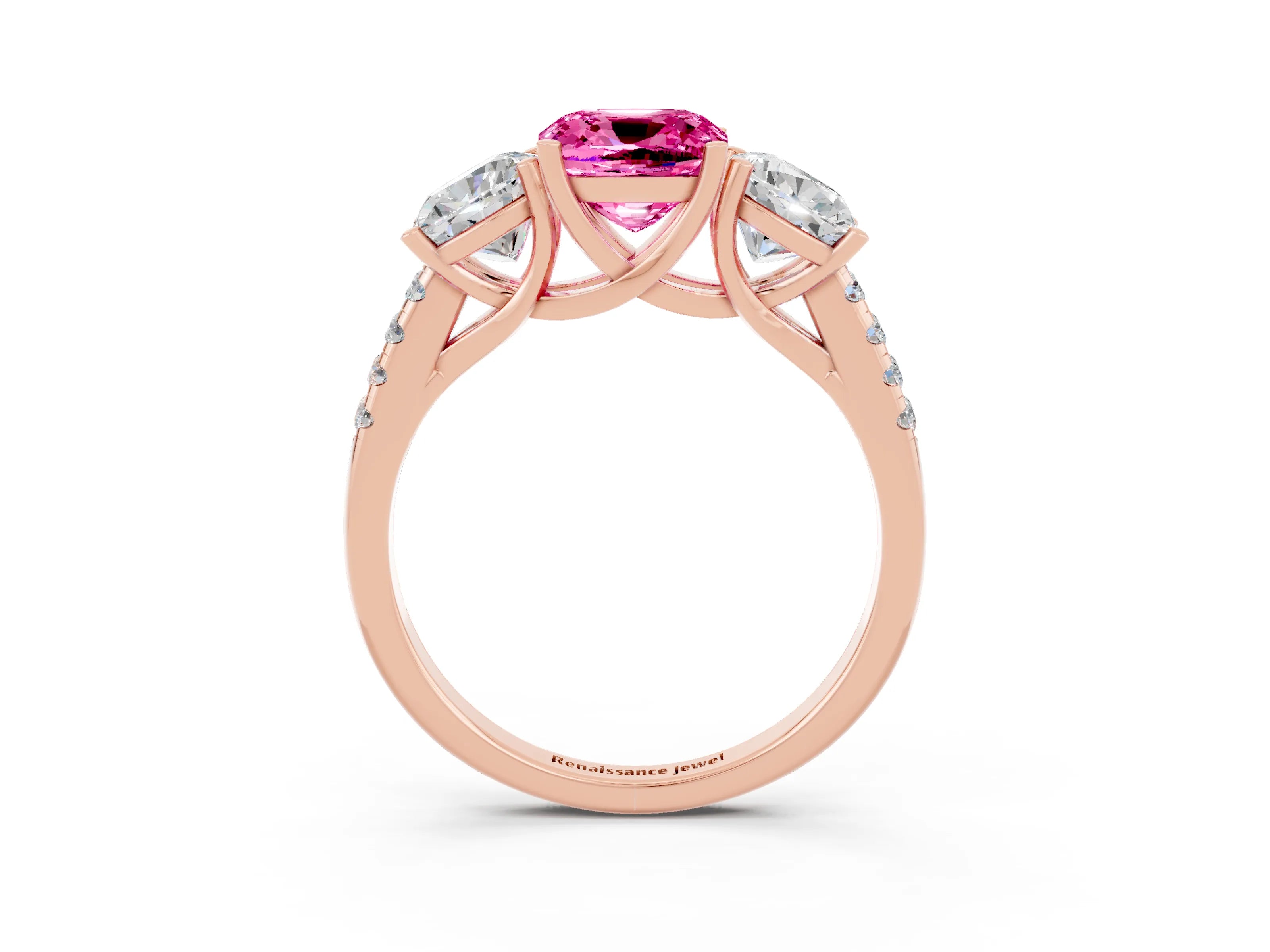 Rose gold Three-Stone Cushion Cut Pink Sapphire Ring with Pavé Band and Prong Setting_39