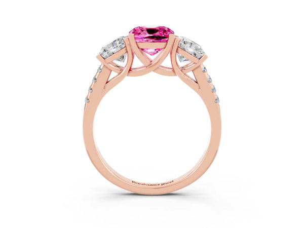 Rose gold Three-Stone Cushion Cut Pink Sapphire Ring with Round  Pavé Band and Prong Setting