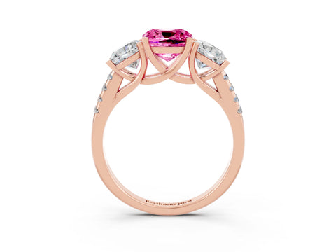 Rose gold Three-Stone Cushion Cut Pink Sapphire Ring with Pavé Band and Prong Setting_39