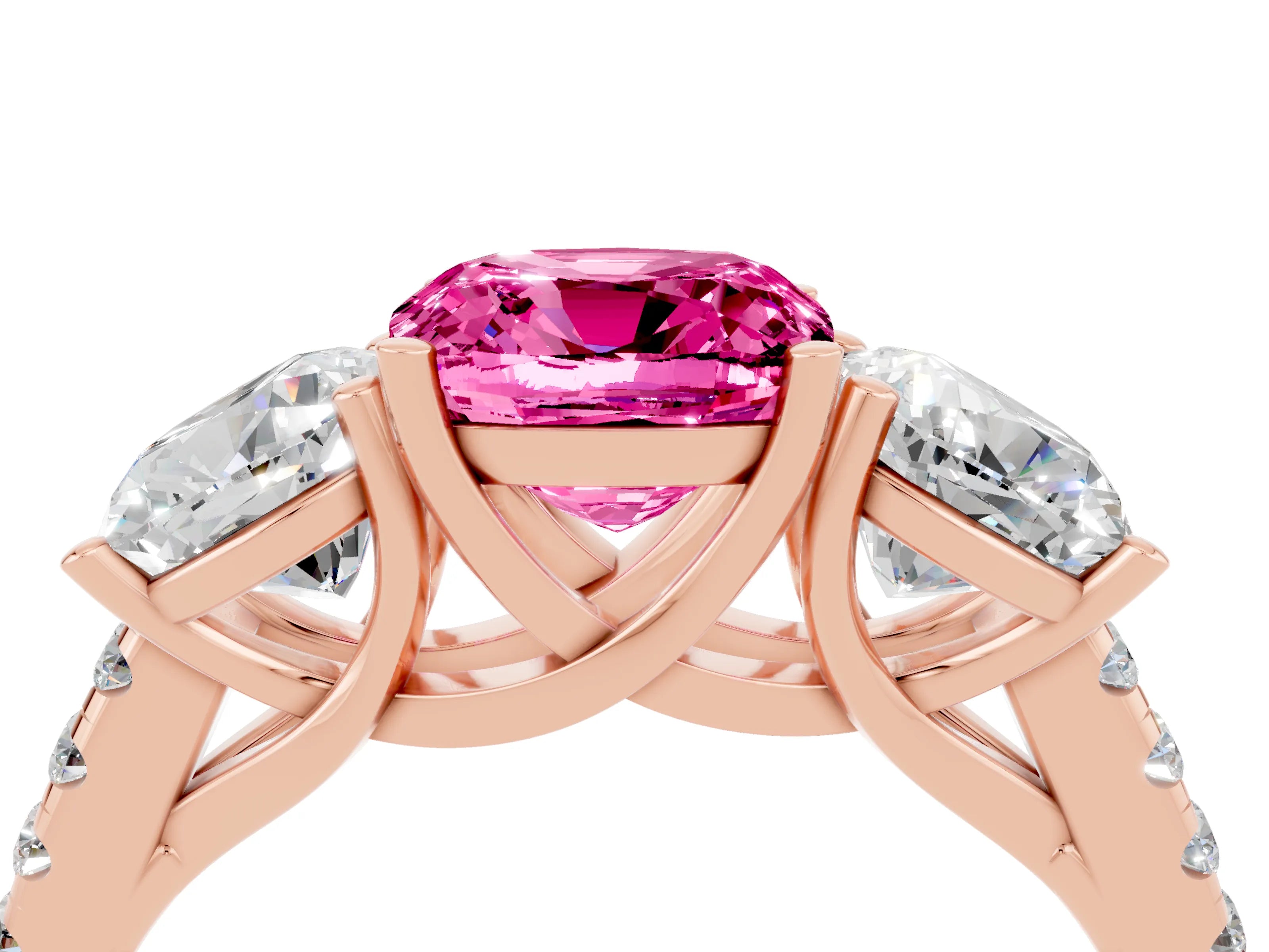 Rose gold Three-Stone Cushion Cut Pink Sapphire Ring with Pavé Band and Prong Setting_40