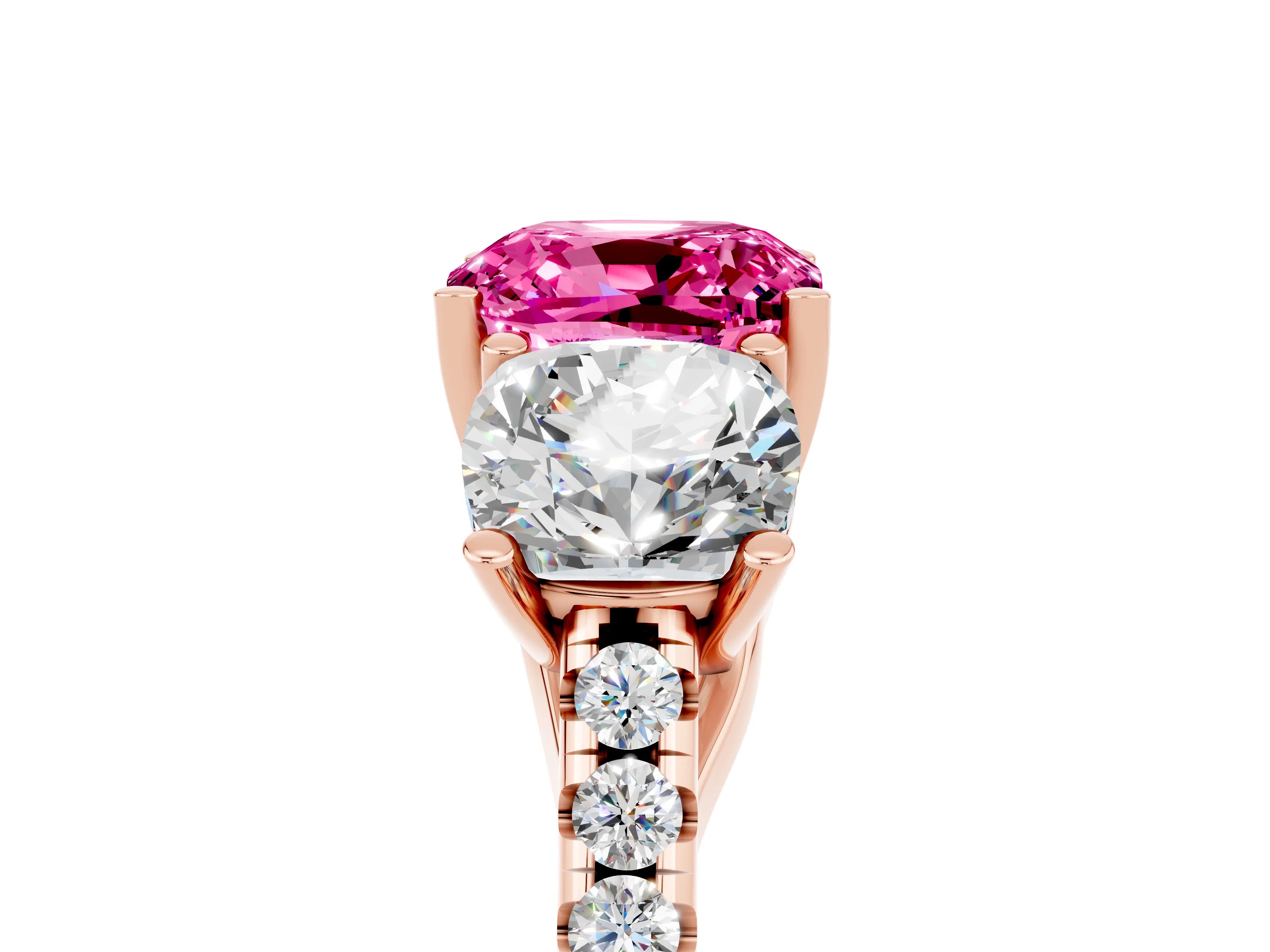 Rose gold Three-Stone Cushion Cut Pink Sapphire Ring with Pavé Band and Prong Setting_41