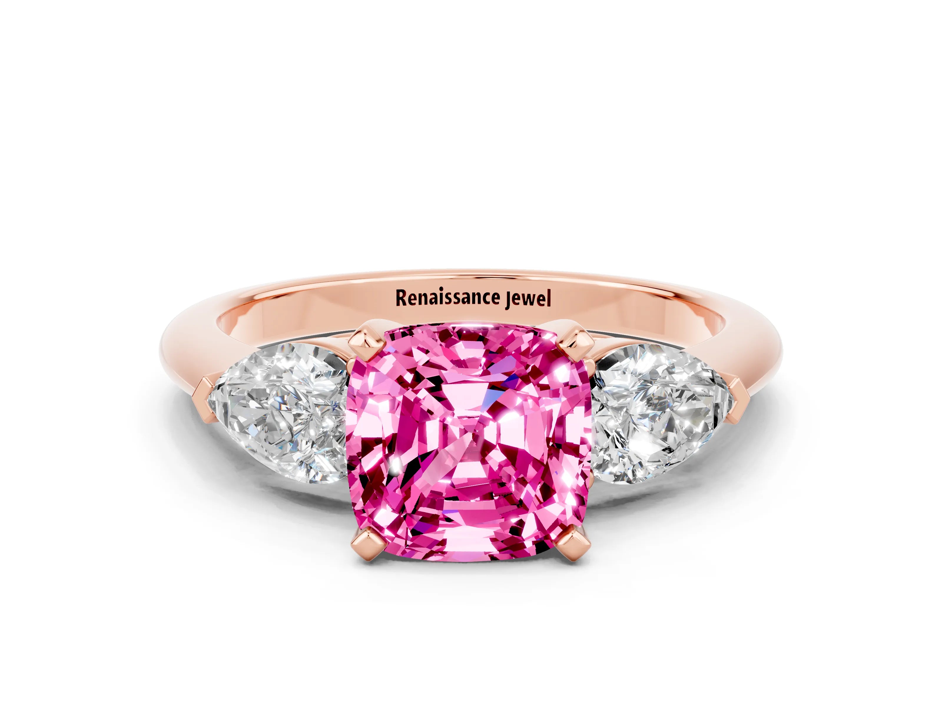 Rose gold Three-Stone Cushion Cut Pink Sapphire Ring with Pear Side Stones and Four-Prong Setting_24