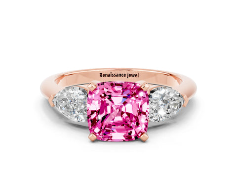 Rose gold Three-Stone Cushion Cut Pink Sapphire Ring with Pear Side Stones and Four-Prong Setting_24