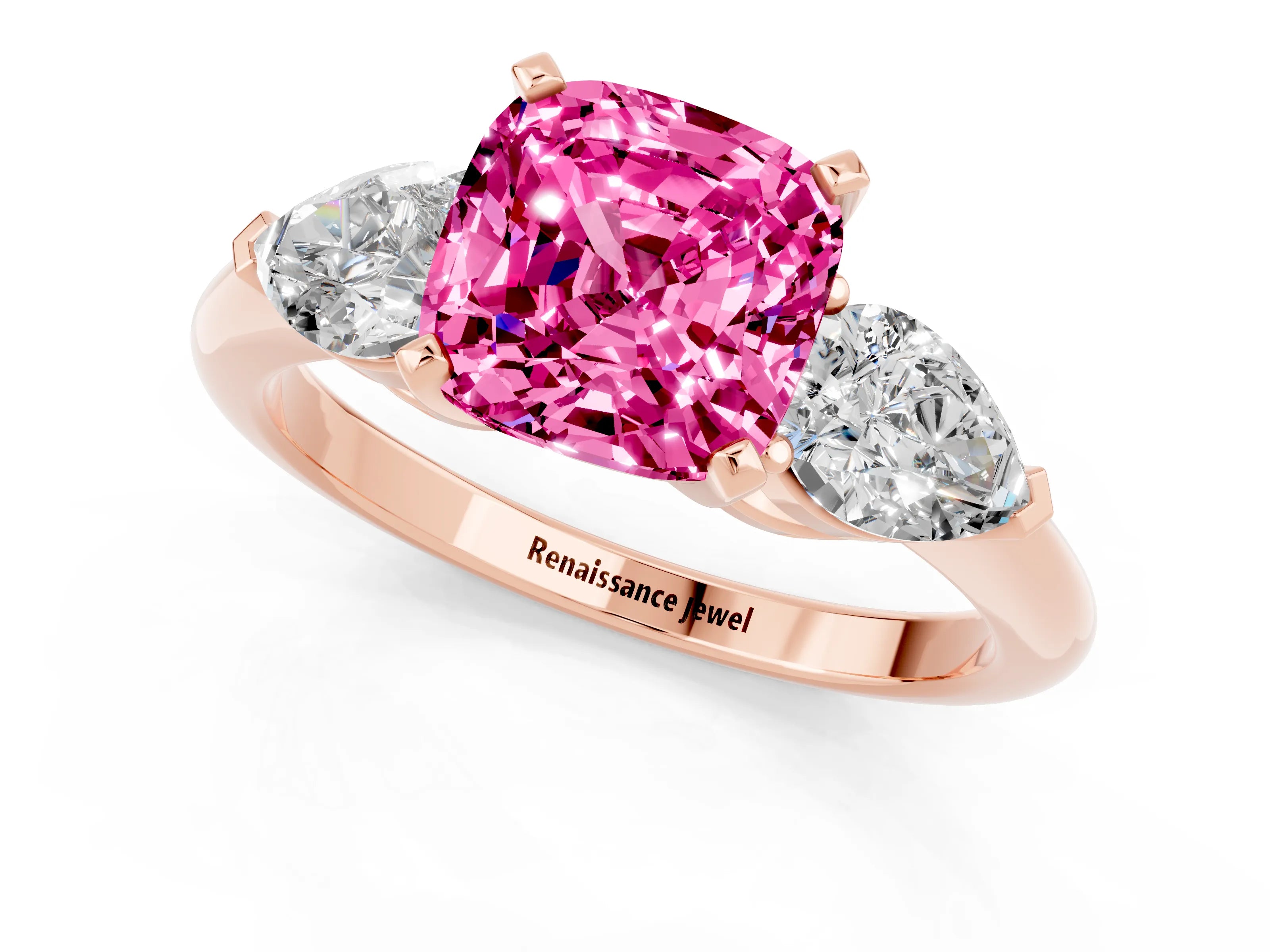 Rose gold Three-Stone Cushion Cut Pink Sapphire Ring with Pear Side Stones and Four-Prong Setting_25