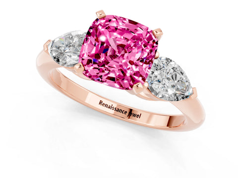 Rose gold Three-Stone Cushion Cut Pink Sapphire Ring with Pear Side Stones and Four-Prong Setting_25