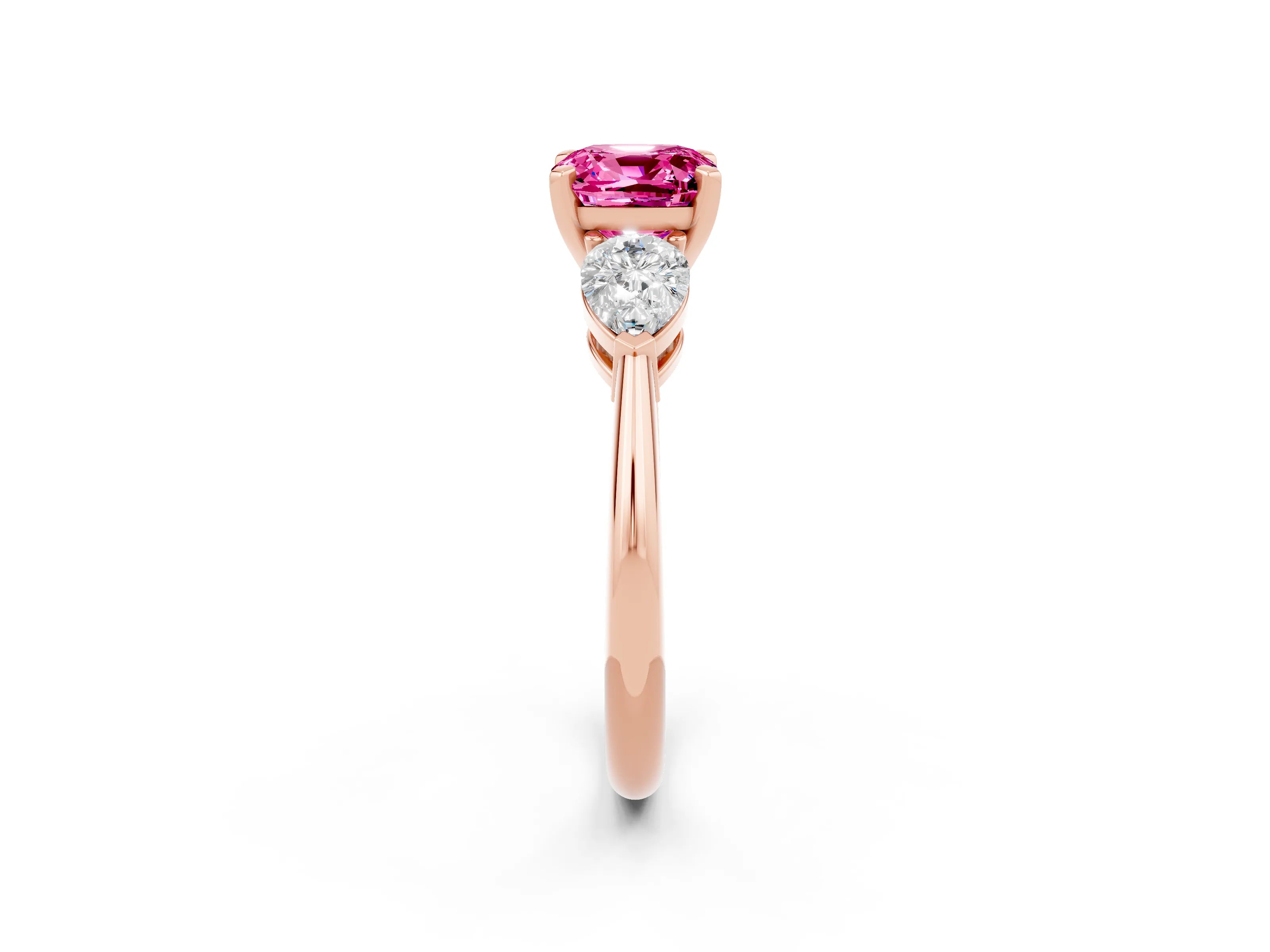 Rose gold Three-Stone Cushion Cut Pink Sapphire Ring with Pear Side Stones and Four-Prong Setting_26