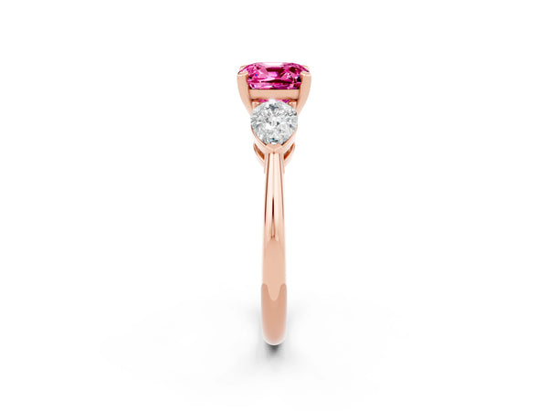 Rose gold Three-Stone Cushion Cut Pink Sapphire Ring with Pear Side Stones and Four-Prong Setting