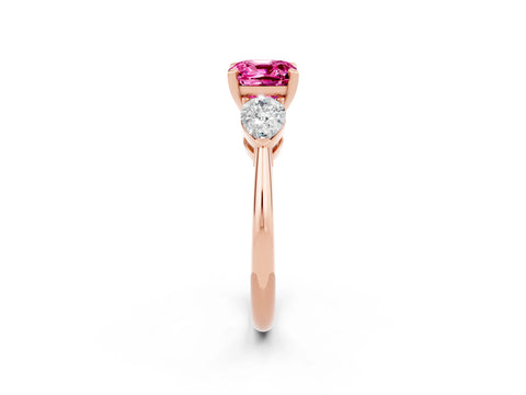 Rose gold Three-Stone Cushion Cut Pink Sapphire Ring with Pear Side Stones and Four-Prong Setting_26