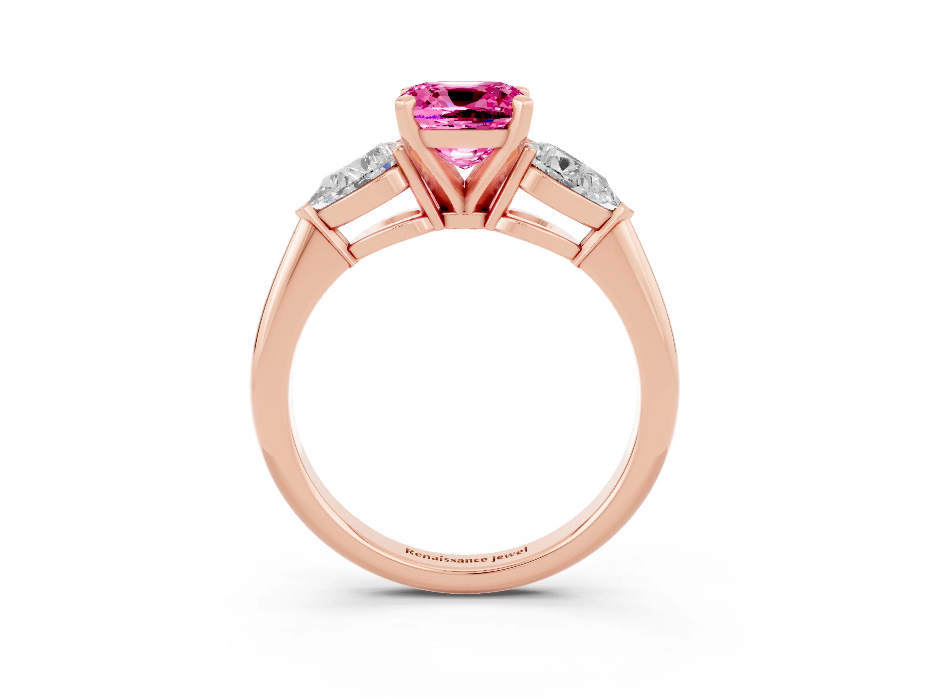 Rose gold Three-Stone Cushion Cut Pink Sapphire Ring with Pear Side Stones and Four-Prong Setting_27