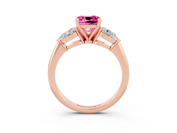 Rose gold Three-Stone Cushion Cut Pink Sapphire Ring with Pear Side Stones and Four-Prong Setting