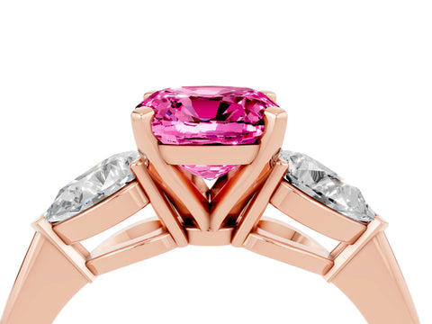 Rose gold Three-Stone Cushion Cut Pink Sapphire Ring with Pear Side Stones and Four-Prong Setting_28