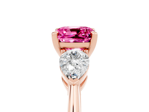 Rose gold Three-Stone Cushion Cut Pink Sapphire Ring with Pear Side Stones and Four-Prong Setting_29