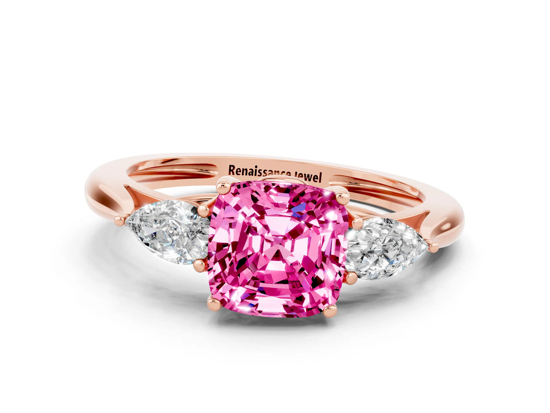 Rose gold Three-Stone Cushion Cut Pink Sapphire Ring with Pear  Side Stones in Four-Prong Setting_12