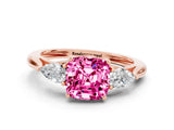 Rose gold Three-Stone Cushion Cut Pink Sapphire Ring with Pear  Side Stones in Four-Prong Setting_12