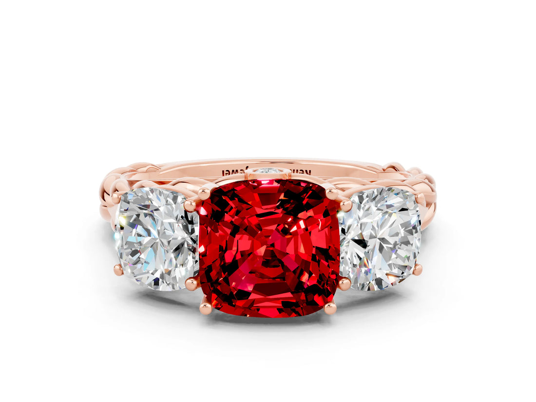 Rose gold Three-Stone Cushion Cut Ruby Braided Band Ring with Four-Prong Setting_12