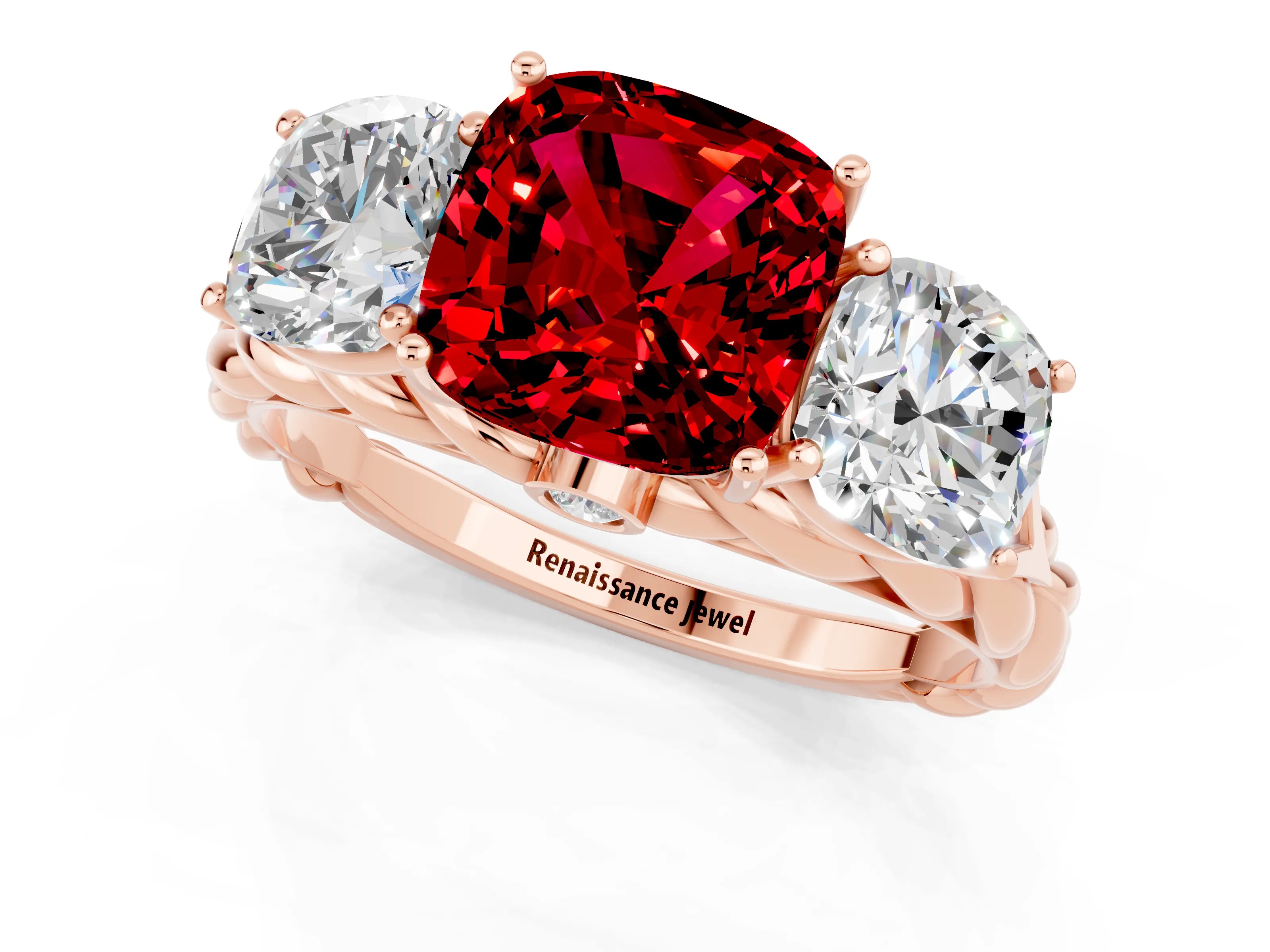 Rose gold Three-Stone Cushion Cut Ruby Braided Band Ring with Four-Prong Setting_13