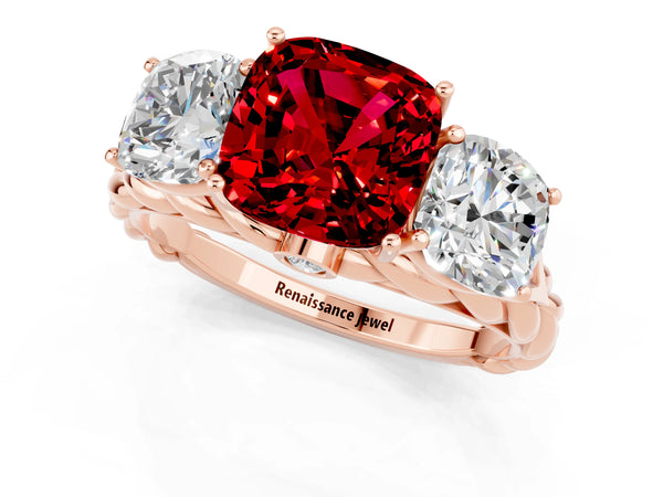 Rose gold Three-Stone Cushion Cut Ruby Braided Band Ring with Four-Prong Setting