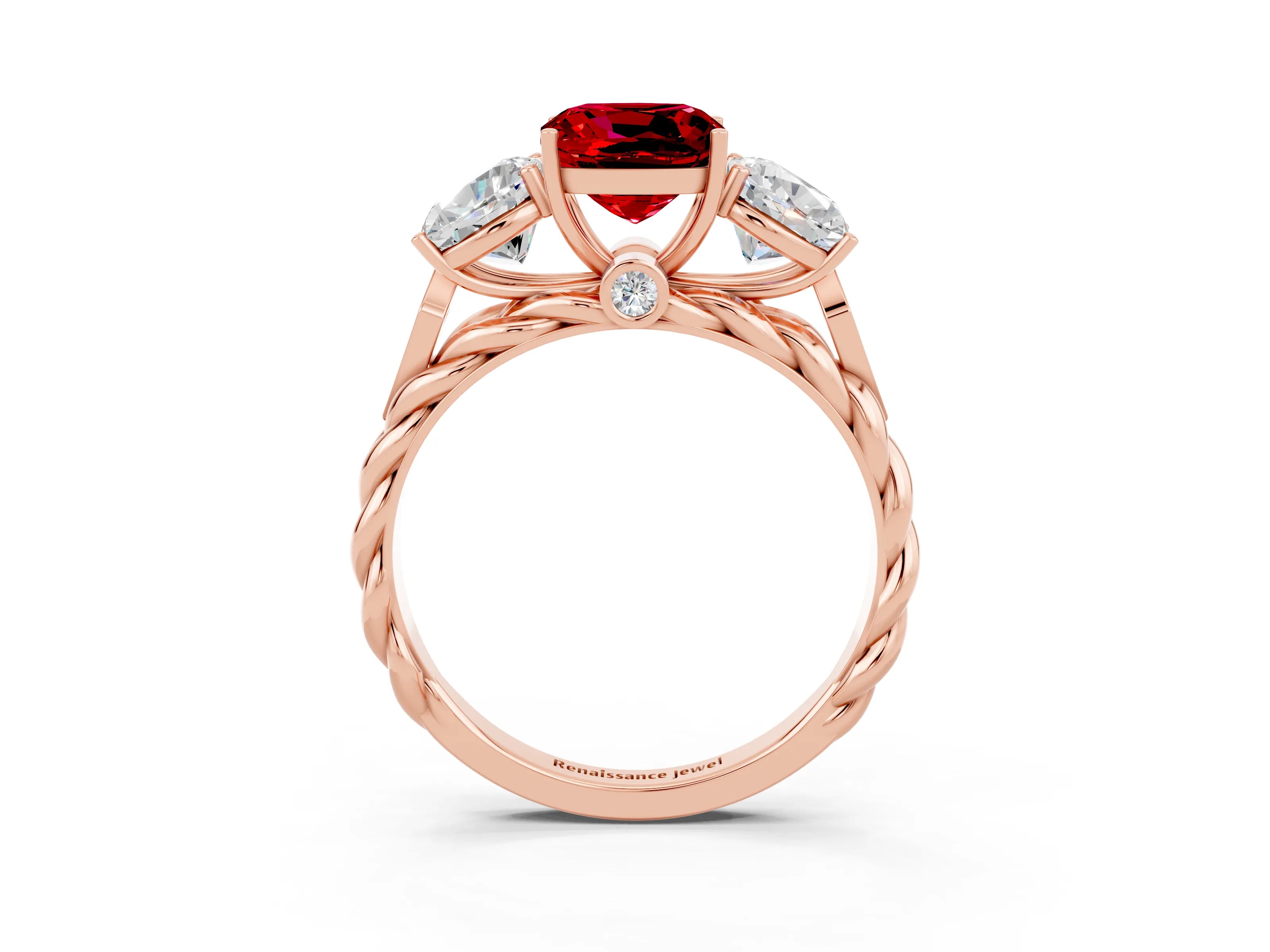 Rose gold Three-Stone Cushion Cut Ruby Braided Band Ring with Four-Prong Setting_15