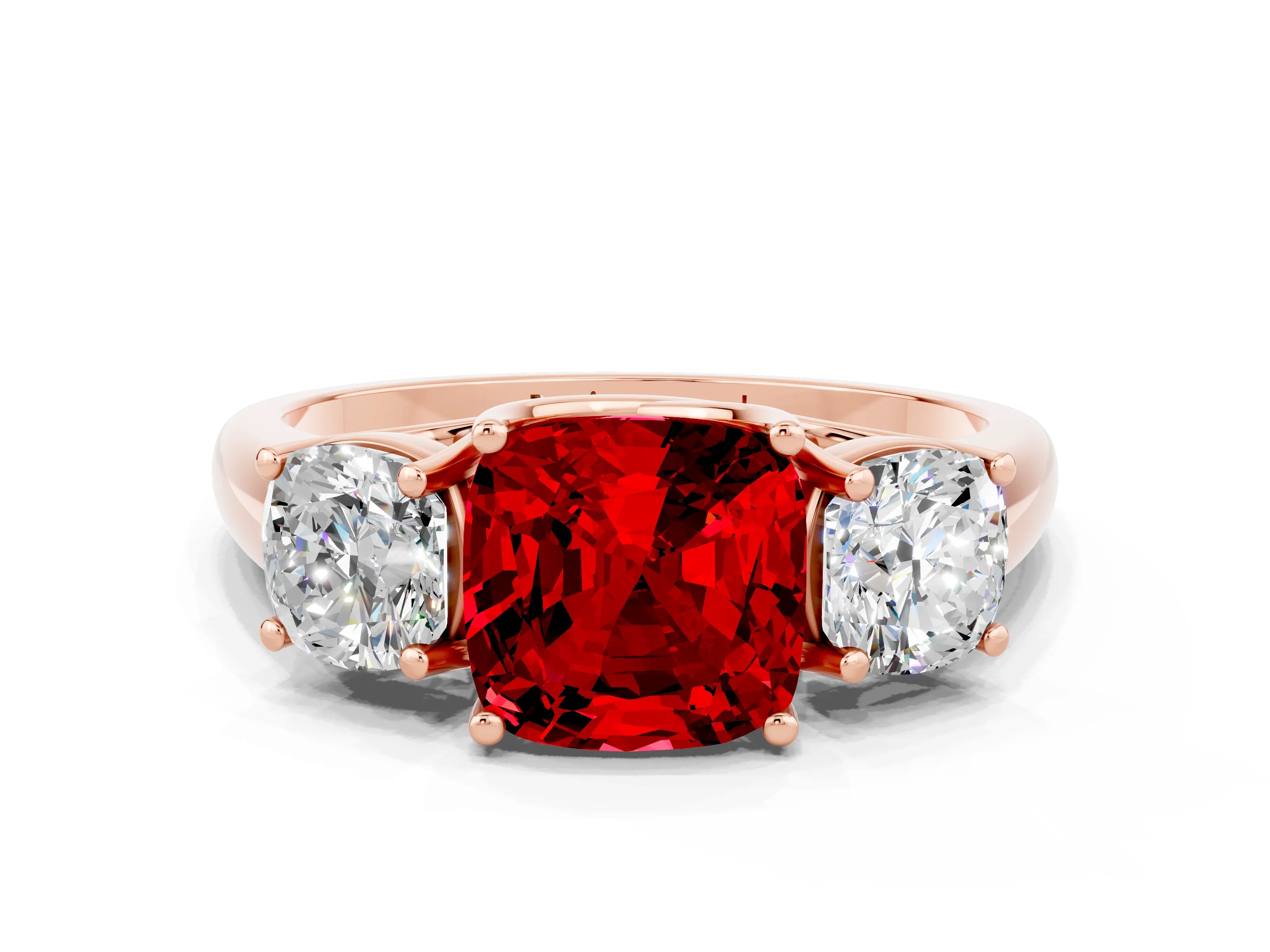 Rose gold Three-Stone Cushion Cut Ruby Engagement Ring with Prong Setting