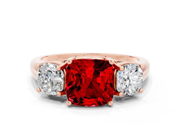 Rose gold Three-Stone Cushion Cut Ruby Engagement Ring with Prong Setting