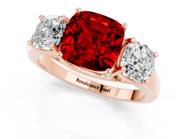 Rose gold Three-Stone Cushion Cut Ruby Engagement Ring with Prong Setting