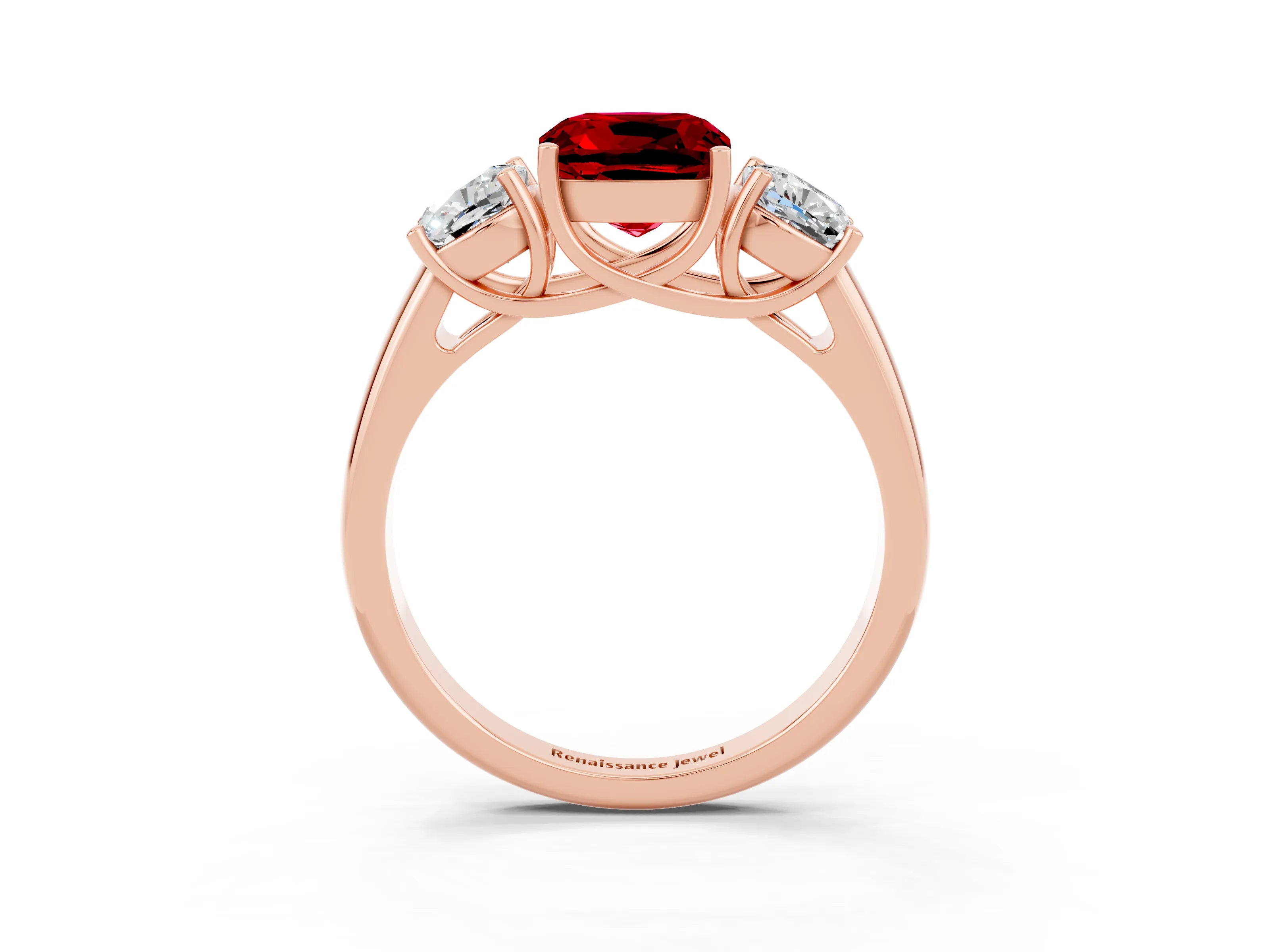 Rose gold Three-Stone Cushion Cut Ruby Engagement Ring with Prong Setting_3