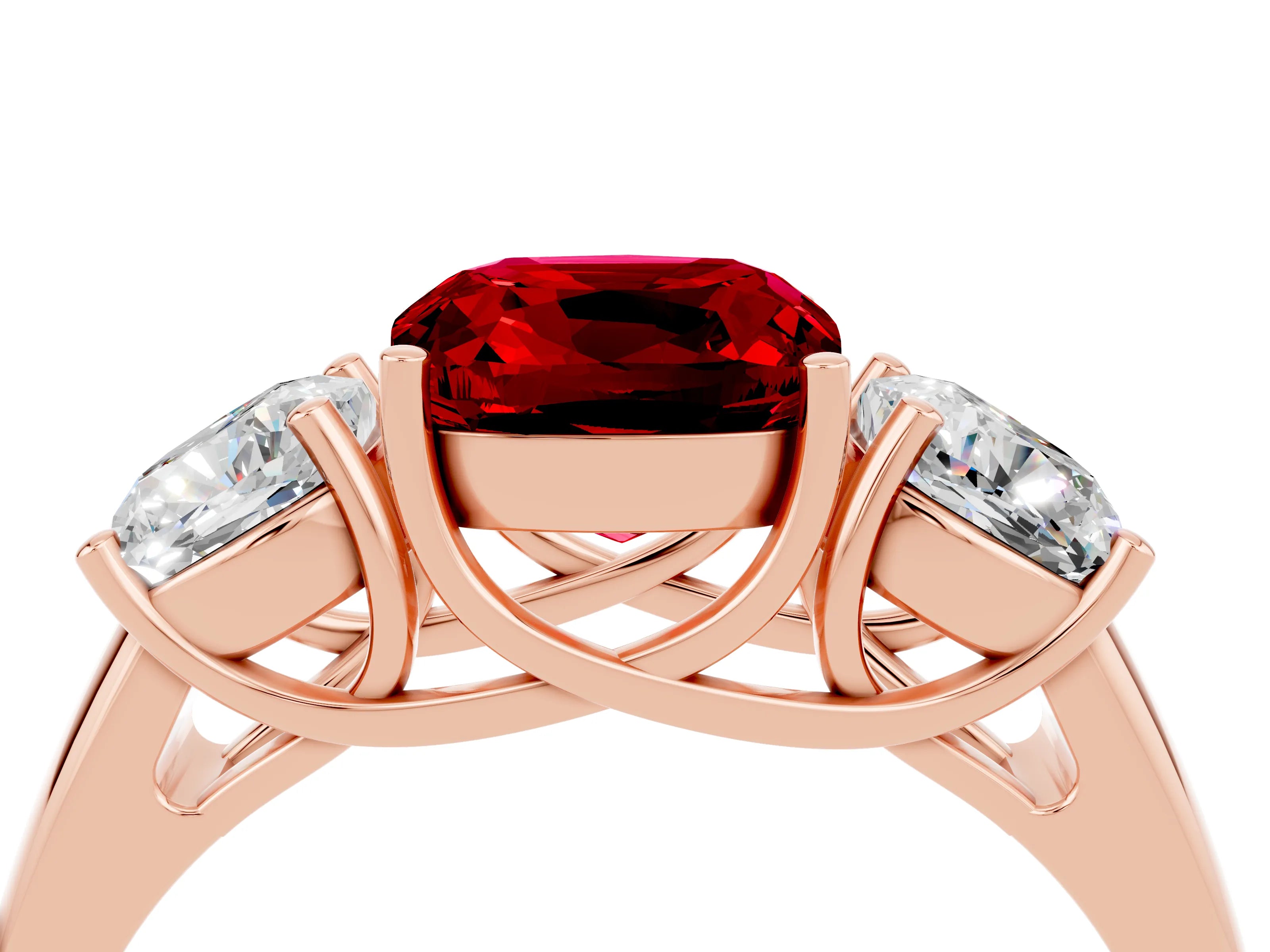 Rose gold Three-Stone Cushion Cut Ruby Engagement Ring with Prong Setting_4
