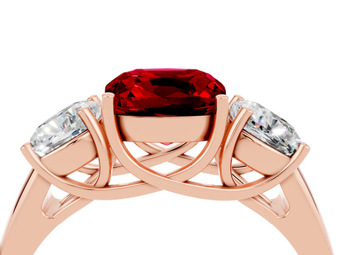 Rose gold Three-Stone Cushion Cut Ruby Engagement Ring with Prong Setting_4