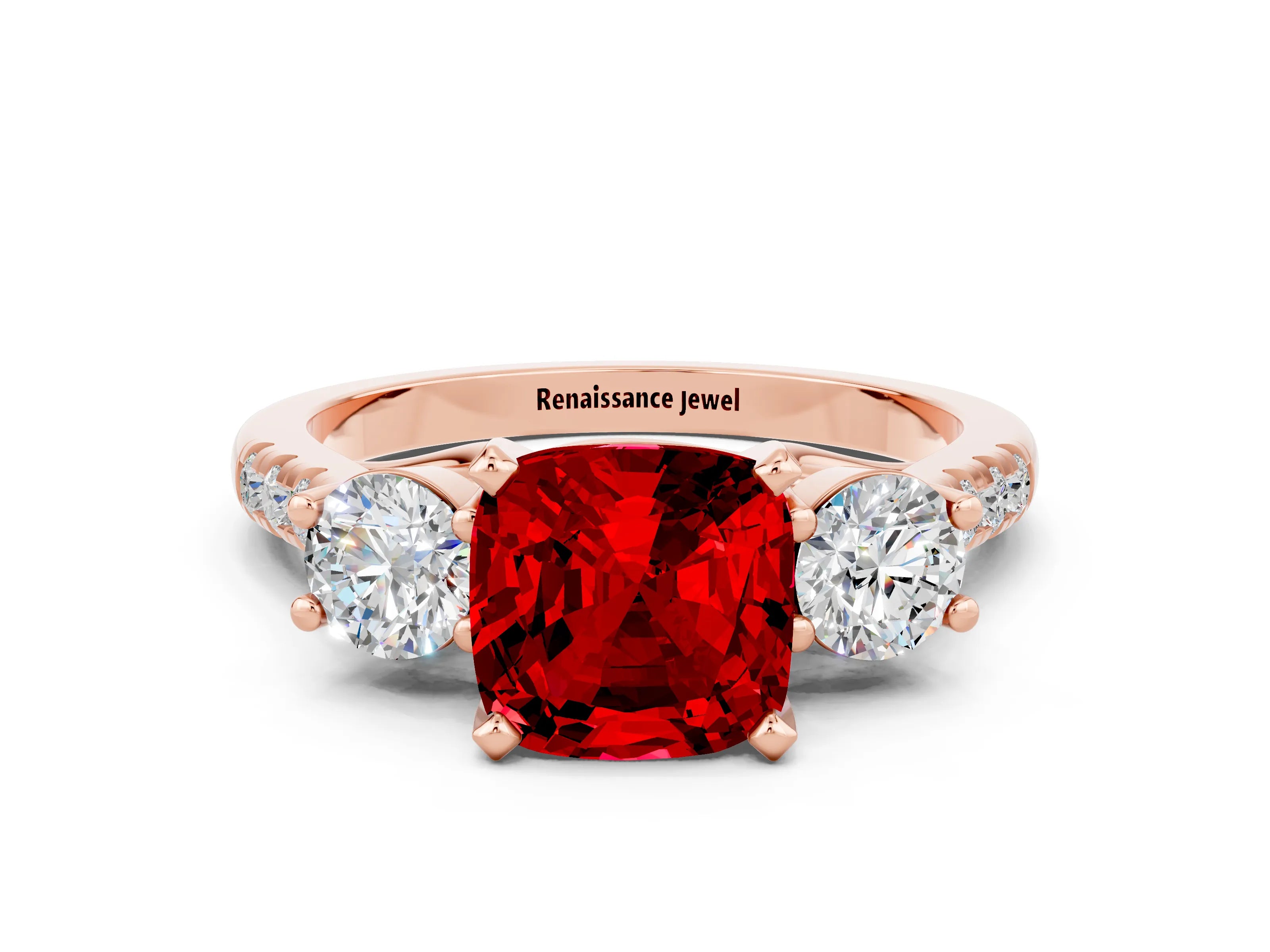 Rose gold Three-Stone Cushion Cut Ruby Pavé Band with Four-Prong Setting