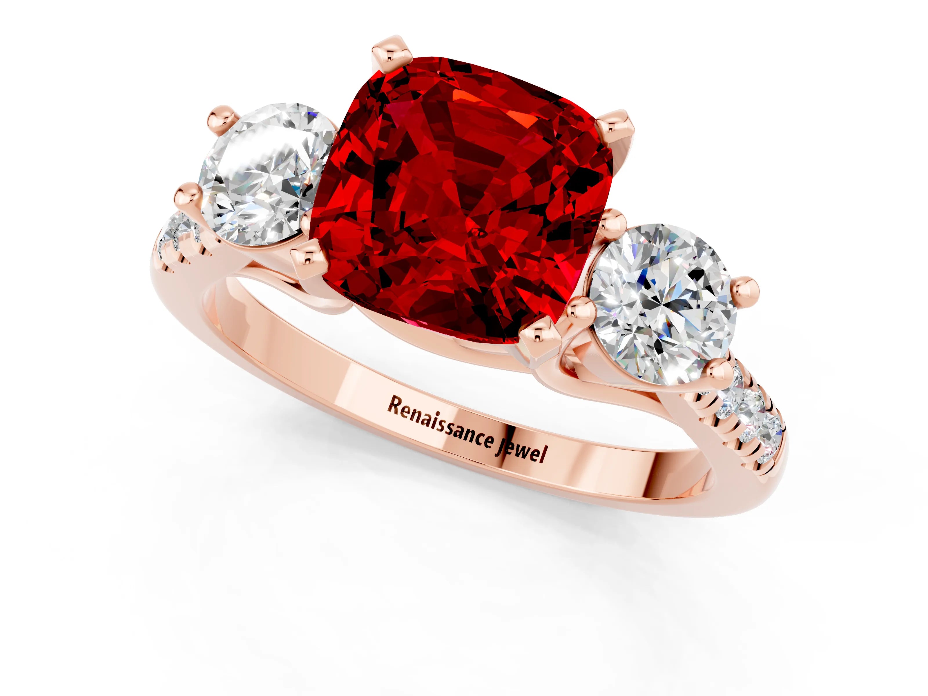 Rose gold Three-Stone Cushion Cut Ruby Pavé Band with Four-Prong Setting_1