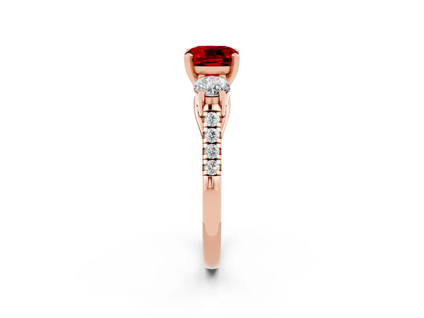 Rose gold Three-Stone Cushion Cut Ruby Pavé Band with Four-Prong Setting