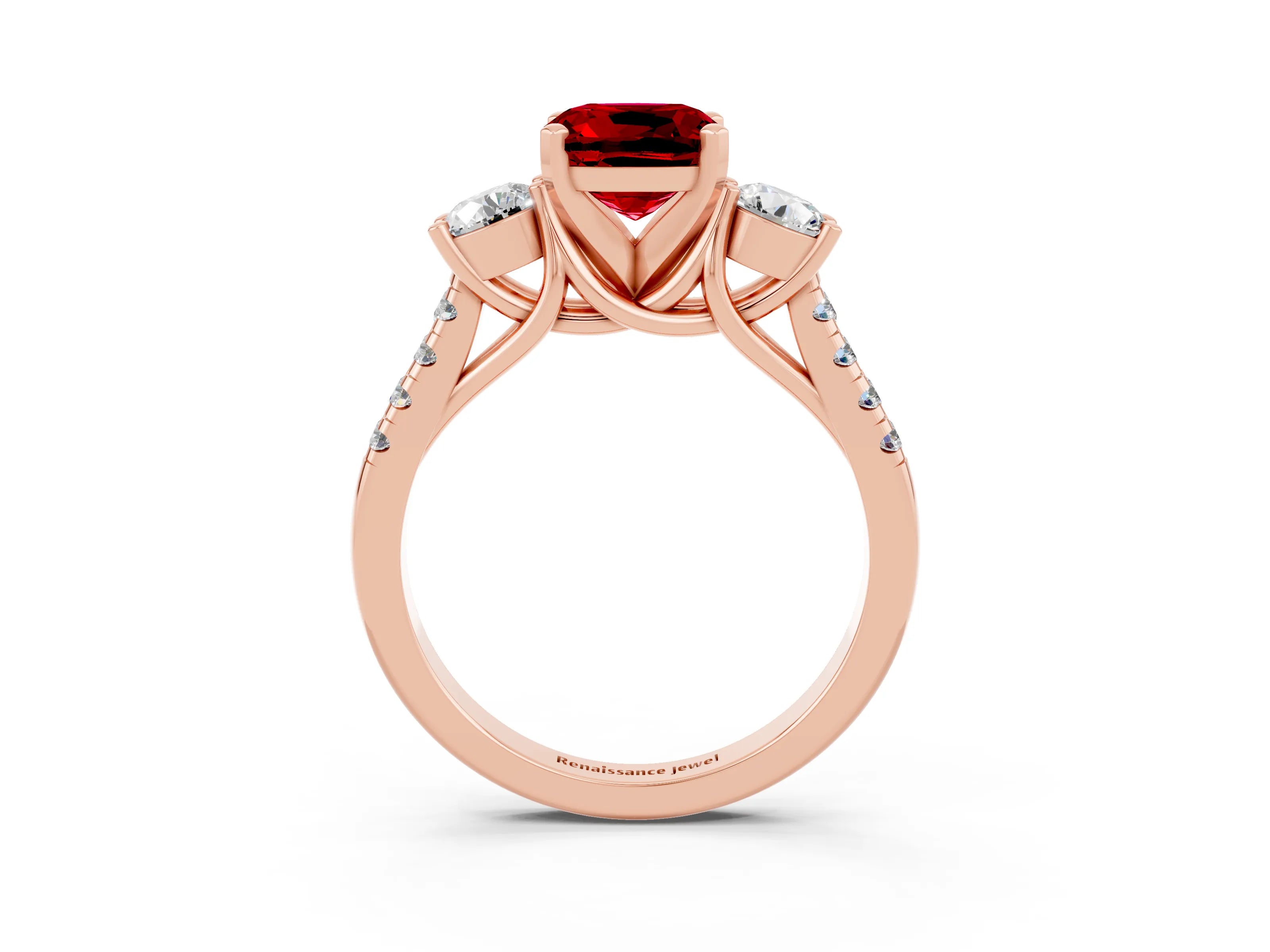 Rose gold Three-Stone Cushion Cut Ruby Pavé Band with Four-Prong Setting_3