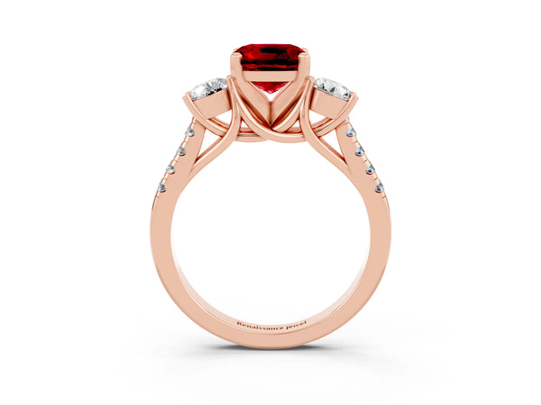 Rose gold Three-Stone Cushion Cut Ruby Pavé Band with Four-Prong Setting