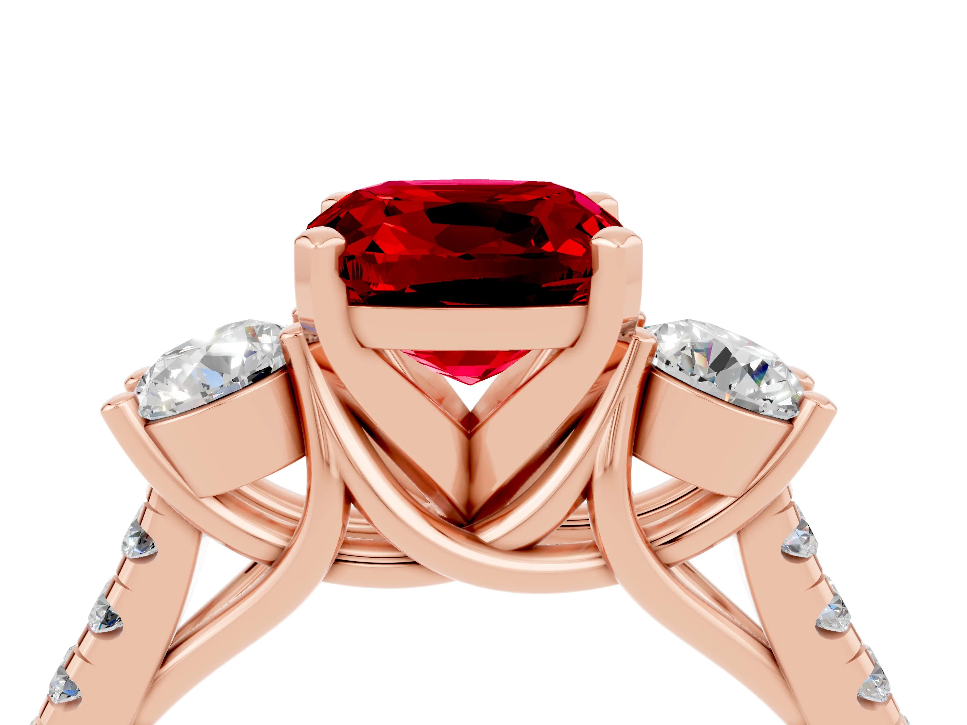 Rose gold Three-Stone Cushion Cut Ruby Pavé Band with Four-Prong Setting_4