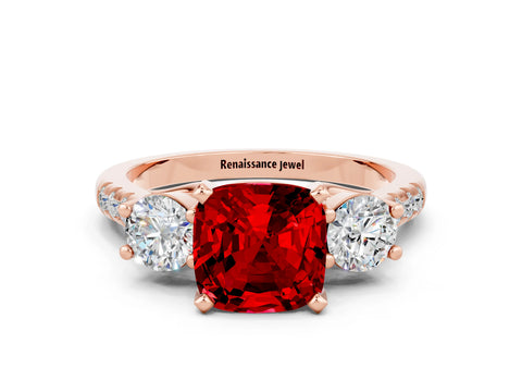 Rose gold Three-Stone Cushion Cut Ruby Pavé Band with Four-Prong Setting