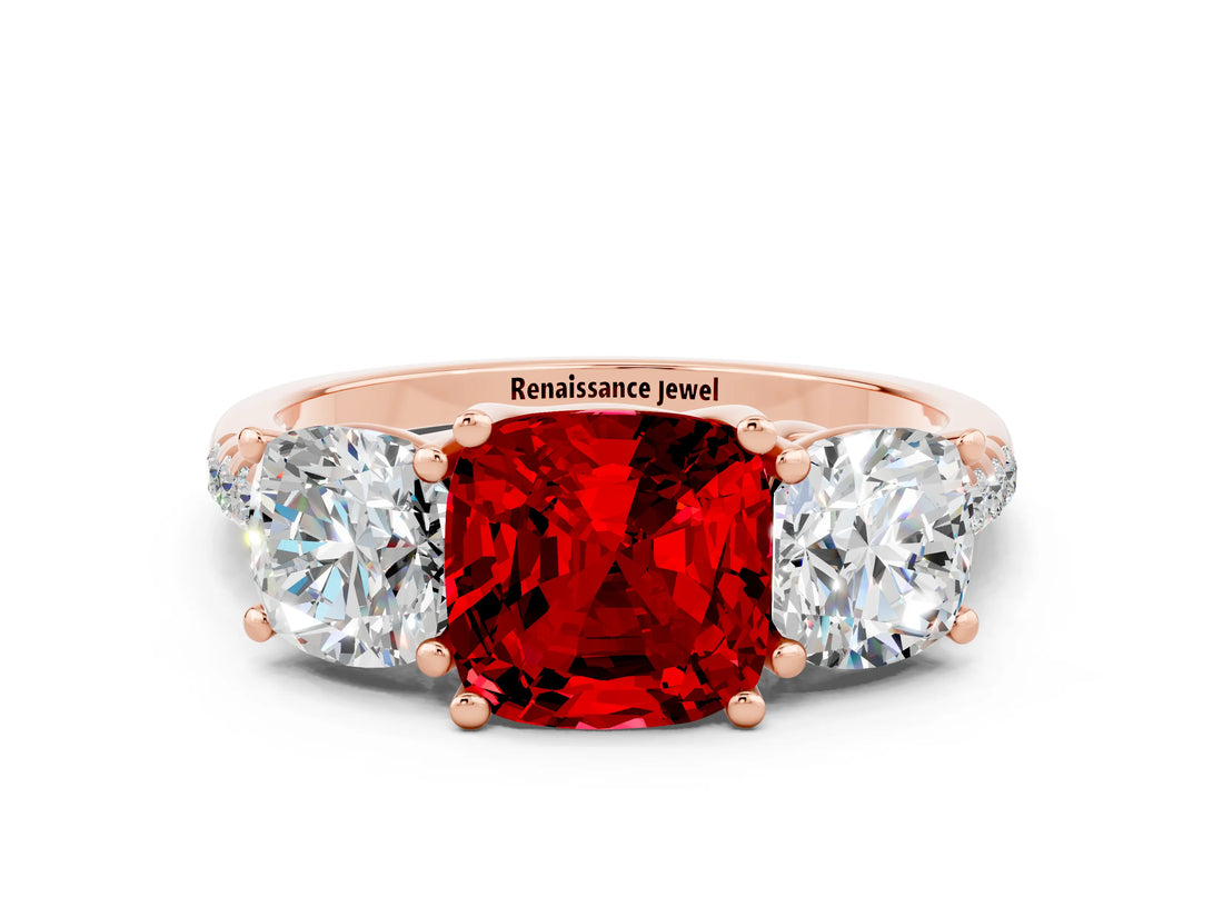 Rose gold Three-Stone Cushion Cut Ruby Ring with Pavé Band and Prong Setting_12