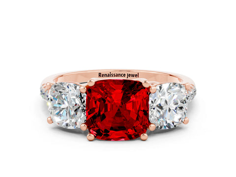 Rose gold Three-Stone Cushion Cut Ruby Ring with Pavé Band and Prong Setting_12
